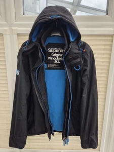 Mens XXL 2XL Superdry Black & Blue Hooded Windcheater  Jacket. Good Used Cond. - Picture 1 of 10