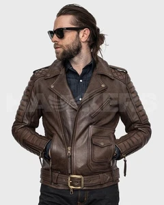 Belvedere Rust Reload : 100% Genuine Brown Cowhide Leather Jacket , Biker Jacket - Picture 1 of 4