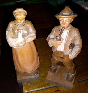 Pair Hand Carved 1964 & 1967 Nurnberg Germany Wooden Man Woman Figure - Picture 1 of 7