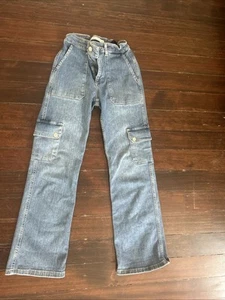 Zara Girls Medium Wash Jeans, Wide Leg, Cargo, Size 11/12, Adjustable Waste - Picture 1 of 3