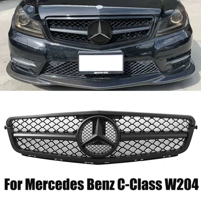 Gloss Black Grille Grill w/Star For 2008-14 Mercedes Benz W204 C-Class C300 C350 Foto 1 de 4