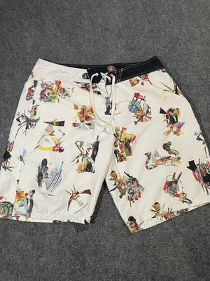 Volcom Shorts Mens 36 White Multicolor Boardshorts Cinch Fly Swim Trunks Print - Image 1 of 4