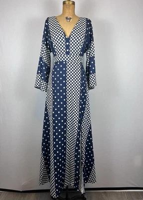 FHQ Collection XL Navy White Polka Dot Maxi Dress V-Neck Long Sleeve Patchwork - Image 1 of 4