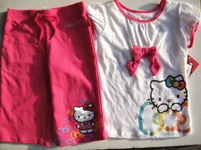 HELLO KITTY NUEVO CON ETIQUETAS Niñas 2 Piezas Camiseta Top Camisa Pantalones Capri Rosa Blanco Logo 6 Lazos Sanrio Foto 1 de 4