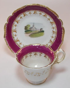 Antique Gilded Burgundy Puce Grainger Cup & Saucer Rural Scenes c1825 Lot C VGC - Picture 1 of 14