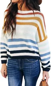 Women's Loose Fit Long Sleeve Striped Color Block Knit Jumper Sweater Top B L - Picture 1 of 6