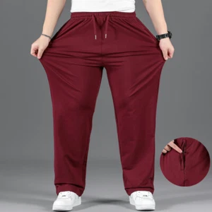 Men Loose Pants Elastic Waist Zip Pocket Stretch Baggy Straight Leg Trouser Long - Picture 1 of 15