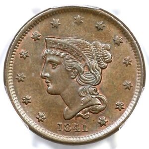 1841 N-6 PCGS MS 63 BN CAC Braided Hair Large Cent Coin 1c