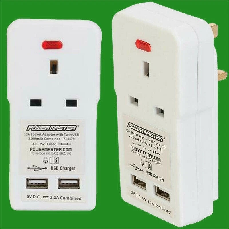 13A Plug Through UK Mains Socket Plug Adaptor (2) Twin USB Charger & Neon Light - Image 1 of 1