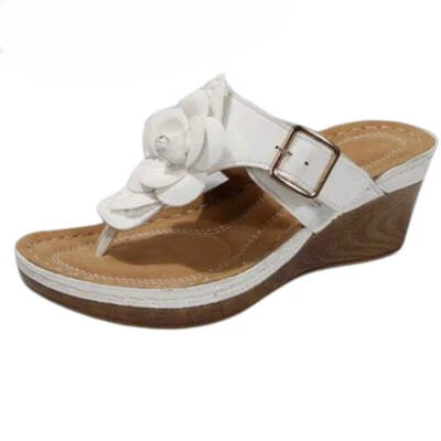 ROCKTHOSECURVES WOMENS SANDALS LADIES CUSHIONED SOLE WIDE FIT FLOWER T-BAR SHOES - Image 1 of 4