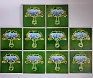 Set of 10 Art Nouveau Fireplace Tiles Green Floral Majolica John Barratt C1907 - Picture 1 of 5