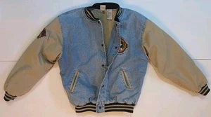 Vtg Mickey Mouse Varsity Jacket Denim Bomber 90s Quilted Lined Big Logo Snap - Picture 1 of 13