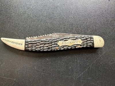 Cuchillo plegable vintage Kent NY City Fish-Knife 3,25" con removedor de gancho 8" de largo Foto 1 de 4