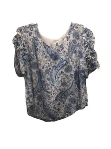 Est 1946 Large Blue White Paisley Silky Blouse Lined Ruffled Sleeves S/S - Picture 1 of 7