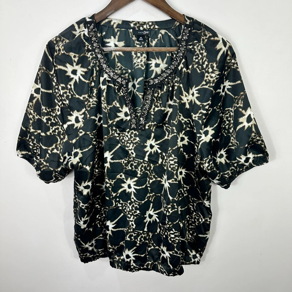 Blusa East 5th Mujer XL Verde Negra Estampado Animal Embellecida Cuello Y2K Preppy Foto 1 de 4