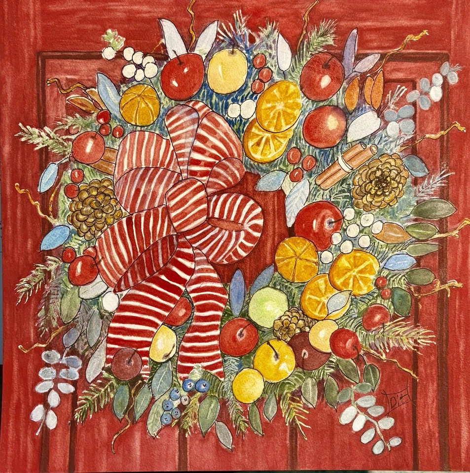 Рождественский оригинальный акварельный чернила 14x14 праздничный венок апельсины декор красной двери - Изображение 1 из 4