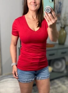 Very Sexy Low Cut V Neck Cleavage Baby Slimming Basic Tee Shirt Deep Red - Picture 1 of 6