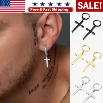 Men's Cross Dangle Earrings Stainless Steel Hinged Piercing Huggie Hoop Earring - Image 1 of 4