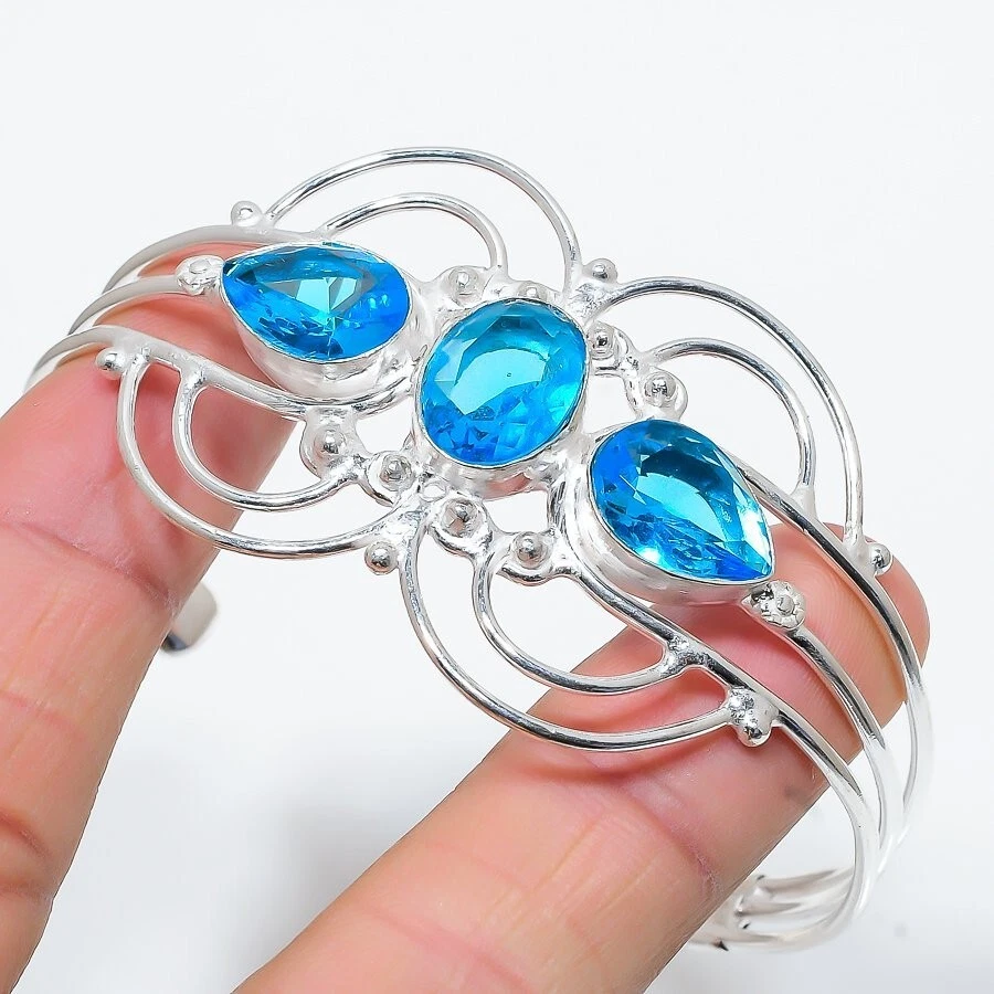 Swiss Blue Topaz Gemstone Handmade 925 Sterling silver Cuff Bracelet Adjustable Foto 1 de 1