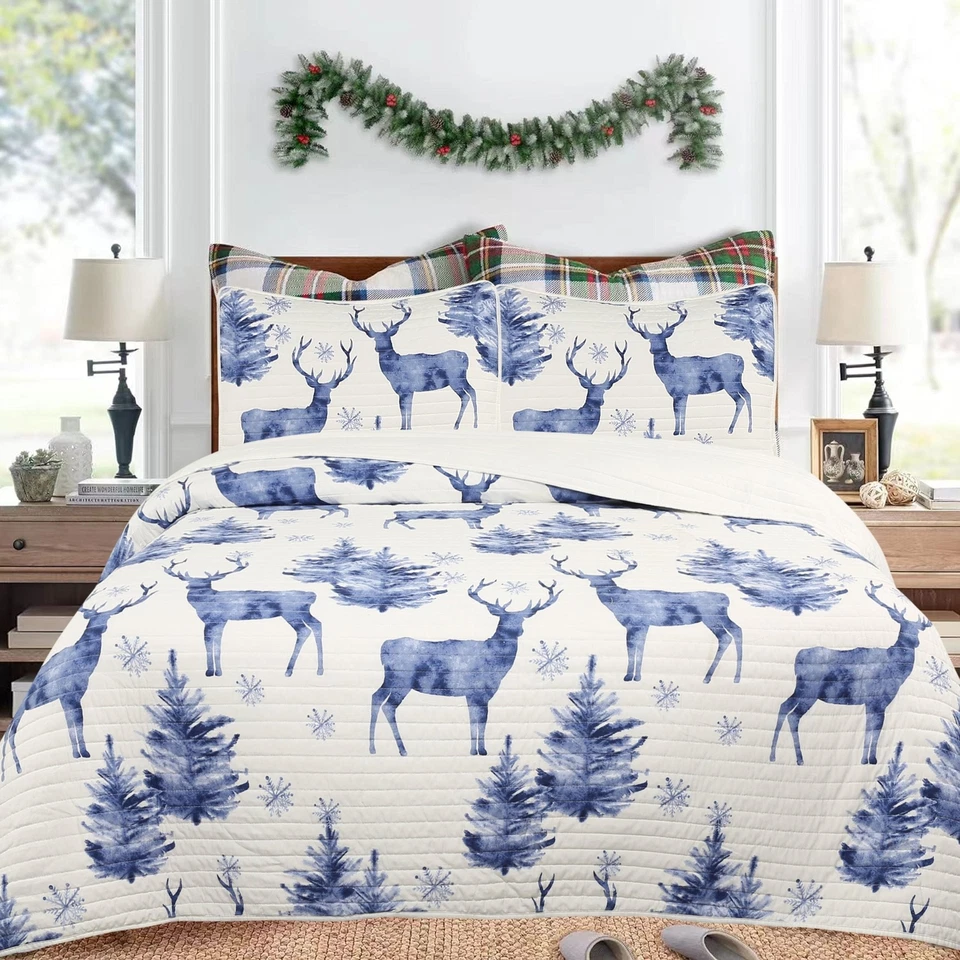 MARCIELO 3 Pcs Festive Christmas Quilt Bedspread Set Holiday Bedding Deer