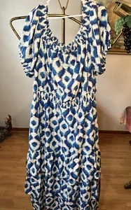Knox Rose NWT Size 2X Blue Ikat Print Short Sleeve Tiered Maxi Dress Summer - Picture 1 of 6