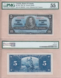 1937 KGVI Bank of Canada $5 in PMG AU55, BC-23a Osborne & Towers - Picture 1 of 1