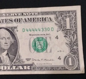 5 in einer Reihe Leading 4s Trinary Fancy Serial Number One Dollar Bill C44444291A - Bild 1 von 4