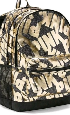 Mochila Campus Victoria Secret ROSA Negra y Metálica Logo Dorado Foto 1 de 3