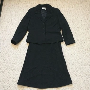 Albert Nipon Skirt Jacket Blazer Suit Set 12 Black Wool Beaded Office Church - Picture 1 of 15