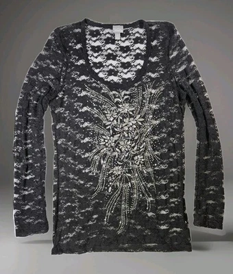 Sexy Top Vintage Y2K Transparente Negro Encaje Malla Brillo Brillante Fairycore Romántico Talla L Foto 1 de 4