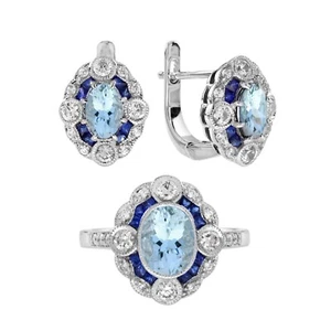 14K White Gold Aquamarine Sapphire Diamond Art Deco Style Jewelry Set - Picture 1 of 18