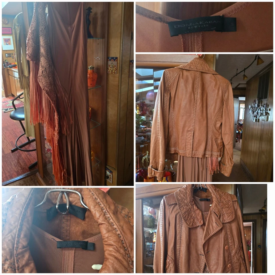 Vestido Donna Karan, chal de seda, chaqueta de cuero y faja Foto 1 de 2