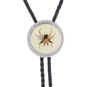 Real Spider Western Cowboy Mens Bolo Tie Slide Clip PU Leather Rope Wedding