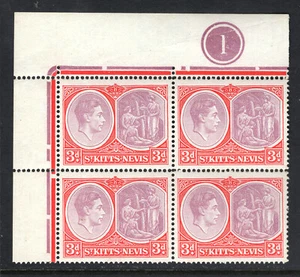 M26006 St. Kitts & Nevis 1949 KGVI 3d rose lilac & bright scarlet PLATE block - Picture 1 of 1