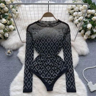 Sexy body de malla negra con pedrería con cuentas de lujo para mujeres Foto 1 de 4