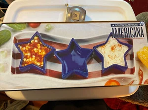 4 Pc Serving Set Americana July 4th Stars Stripes Flag Red White Blue Snack Chip - Picture 1 of 1