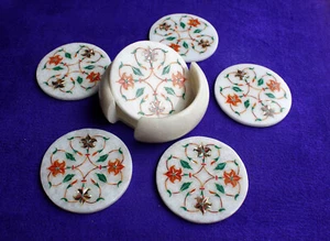 Marble Coaster Set Semi Precious Stones Inlay Art Handmade Work Decor - Picture 1 of 4