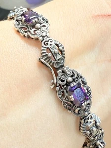 Vintage Sterling Silver Dark Amethyst Glass Bracelet 6.5 Very Detailed Old Look - Picture 1 of 7