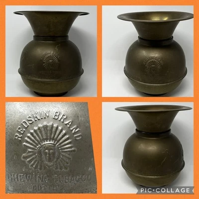 Vtg Redskin Brand Chewing Tobacco Cut Plug Brass Spittoon 10'' Original Patina Foto 1 de 4