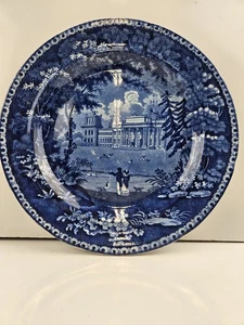 Blue Staffordshire Blenheim Oxfordshire People Feeding Ducks Plate Circa 1825 - Picture 1 of 7