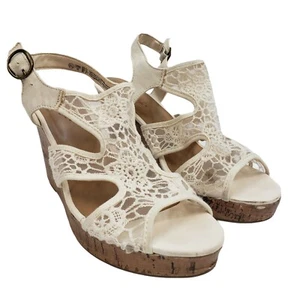 American Eagle Size 9.5 Women’s Wedge Sandals White Ivory Lace Detail Open Toe - Picture 1 of 11