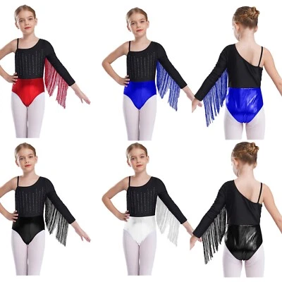 Kids Girls Rompers Ballroom Bodysuit Lyrical Unitard Irregular Leotard Latin - Image 1 of 4