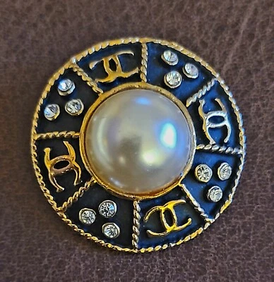 Vintage Chanel Pearl Large Round Gold Tone Logo Clip On Earring 1  1/8"  - Image 1 of 3