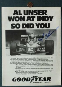 Anuncio de revista de neumáticos Goodyear Indy 500 Champion Al Unser Sr autografiado/firmado Goodyear--- - Imagen 1 de 1