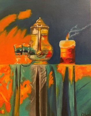 Still life original oil painting with a jug of wine and candles - Image 1 of 4
