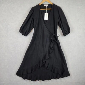 Bohemian Traders Dress Medium Black Wrap Midi Boho Balloon Sleeve Linen Cotton - Picture 1 of 12