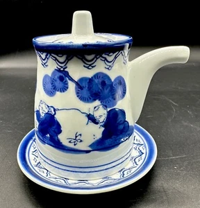 Tetera japonesa de porcelana Karako Ware niños Sometsuke azul y blanco transferware - Imagen 1 de 6