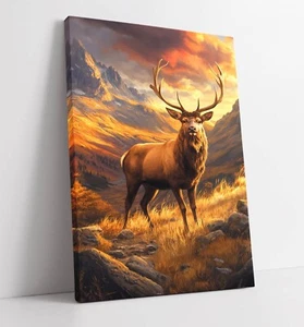 MAJESTIC STAG STANDING IN LANDSCAPE SUNSET CANVAS WALL ART ARTWORK PRINT - Picture 1 of 2