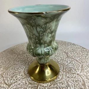 Vintage Old Dutch Delft Vase Aqua Blue Marbled Ceramic Brass Base Portugal  - Picture 1 of 12