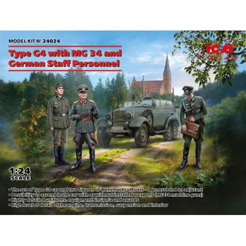 TYPE G4 WITH MG 34 AND GERMAN STAFF PERSONNEL KIT 1:24 Icm Kit Auto Modellino Nu - Immagine 1 di 1